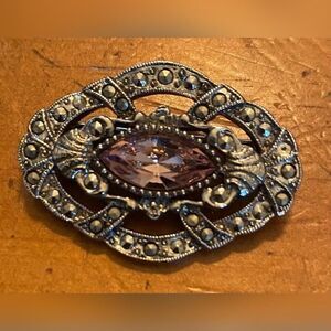 Silver Tone Filigree Brooch Pin Lavender Glass Marquise Rhinestone Vintage 1.5”